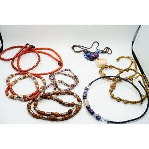 Necklace Lot 9 wood bead glass boho style